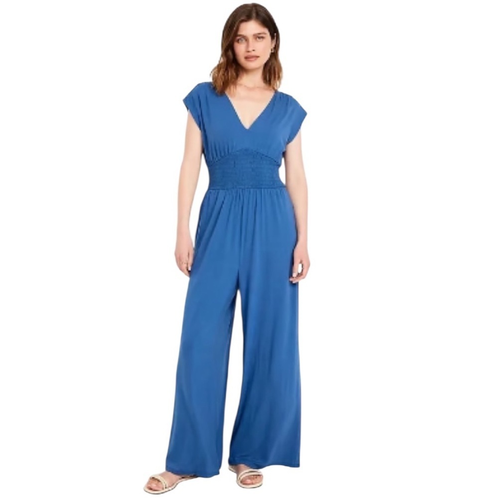 Old Navy blue waist defined shirred jumpsuit v-neck wide leg ruched waist